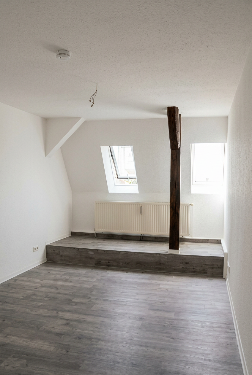 Modernisierter Wohnraum mit Dachschräge und sichtbarem Balken