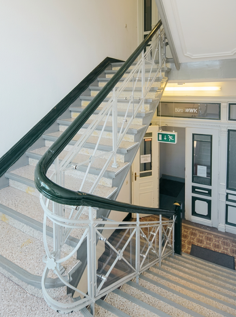 Historisches Treppenhaus mit grün lackiertem Handlauf und filigranem Geländer